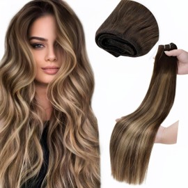 LaaVoo Weft Hair Extensions Real Human Hair 20 Inch 100g Balayage Dark Brown Mix Caramel Blonde Hair Extensions Straight Sew in Hair Extensions Double Weft Hair Extensions #4/27/4