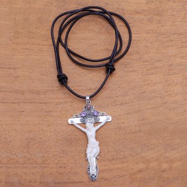 NOVICA Artisan Handmade Amethyst Bone Pendant Necklace Cross from Bali Sterling Silver Leather Garnet Indonesia Christian Gemstone Birthstone [14.25 in min L x 28.5 in max L 2 mm W Pendant(s) 3.1 In]