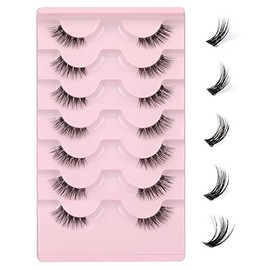 JIMIRE Half Lashes with Clear Band Cat-Eye Lashes Fluffy Wispy Accent False Eyelashes Natural Look Handmade Soft DIY Cluster Lashes Pack 7 Pairs