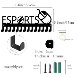 CREATCABIN Esports Medal Holder Hanger Medals Display Rack Black Metal Iron Small Shelf Medal Plaques Hanger Organizer Medal Frame Wall Mounted with 20Hooks for Lanyard Ribbon 11.4x5Inch