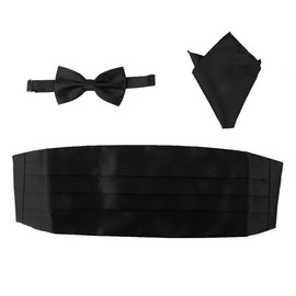 NUOBESTY 3 Pcs Cummerbund Bow Tie Pocket Hanky Handkerchief Black Gentleman Formal Suits Accessories Breathable Adjustable for Men Party Ball