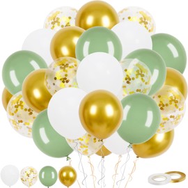 Sage Green and Gold Balloons, 60Pcs 12Inch Sage Green White Birthday Party Balloons Gold Confetti Helium Latex Balloons with Ribbon for Wedding Jungle Baby Shower Decorations
