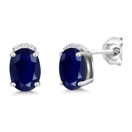 Gem Stone King 2.08 Cttw Blue Sapphire and Round White Lab Grown Diamond Earrings For Women | 925 Sterling Silver | Gemstone Birthstone | Oval 7X5MM
