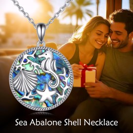 POPLYKE Ocean Necklace 925 Sterling Silver Seahorse Starfish Pendant Necklace Abalone Shell Ocean Jewelry for Women