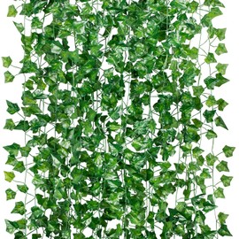 GPARK 84ft 12 Pack / 82 inch, Artificial Ivy Garland Fake Leaf Plants Vine, Hanging Leaves Garlands for Wedding Party Garden Kitchen Outdoor Greenery Wall Decor Green