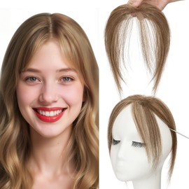 SEGO Clip in Side Bangs Real Human Hair, Hand-tied Base Invisible Edges Breathable Fluffy Clip in Hair Pieces for Women -Side-#4P27 Medium Brown & Dark Blonde