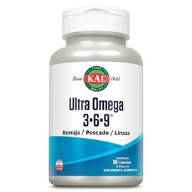 KAL Ultra Omega 3 6 9 Capsulas Aceite de Pescado, Borraja y Linaza - EPA, DHA, Acidos Grasos Linoleico y Gamma Linoleico Diarios y Suplemento de Vitamina E Para Mujeres y Hombres - 50 Cápsulas