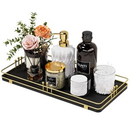 Pursura Toilet Paper Basket, Bathroom Basket for Counter Toiletries Towel Decor, Toilet Tank Tray, Guest Back of Toilet Organizer Storage, Vanity Tray for Perfume Makeup, Kitchen 13”x6.5” Black-Gold