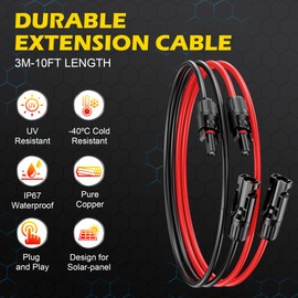 OWINUSTECH 10Ft Solar Cable Solar Extension Cable,10AWG Solar Panel Extension Cable with Female and Male Connectors,Waterproof Solar Extension Cable Kit (Red and Black).