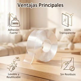 Cinta Doble Cara Extrafuerte,2 Rollo 5Mx3CMx2MM Nano Tape Extrafuerte Reutilizable y Impermeable,cinta 3M doble cara,Tape Doble Cara Transparente para Pared,Cocina,Baño,Manualidades,Fijación de Fotos
