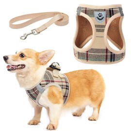 KOOLTAIL Dog Harness and Leash Set for Small Medium Dogs, Step in No Pull Soft Mesh Dog Harness Comfort Padded Pet Vest, Adjustable Reflective Easy Walking Puppy Cats Harness Training, Plaid Beige L