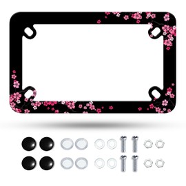 Motorcycle Pink Cherry Blossoms License Plate Frame Flowers Stainless Steel Material Funny Motorbike License Plate Holder Motorcycle Accessories 7" X 4" Inch
