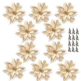 SECALIFE 10 PCS Christmas Tree Flowers Decorations with Clip, 15cm Christmas Glitter Poinsettia Flowers for Christmas Tree Christmas Wreaths Xmas Party Decorations, Gold