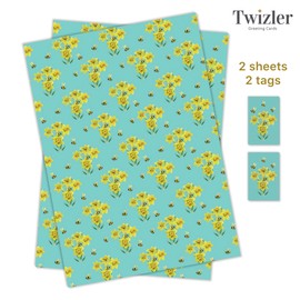 Twizler Daffodil Wrapping Paper - 2 Sheets & 2 Tags - 70cm x 50cm Folded Sheets - Flower Gift Wrap for Any Occasion for Men or Women