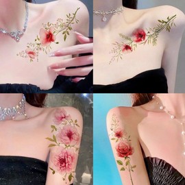 Nirbffo Flowers Temporary Tattoos Stickers Rose Red Flower for Women Body Arm Art Fake Body Art Tattoos for Women Girls 16 Piece