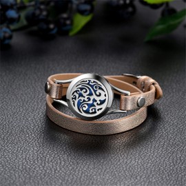 OIDEA Aromatherapy Bracelet Tree of Life Pattern Double Flap Leather with 10 Felt Pads Black Gold Silver, Stainless Steel Leather Stainless steel