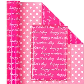 WRAPAHOLIC Reversible Mother's Day Wrapping Paper - Mini Roll - 17 Inch X 33 Feet - Happy Mother's Day and Polka Dot Design, Perfect for Party, Holiday, Wedding, Baby Shower