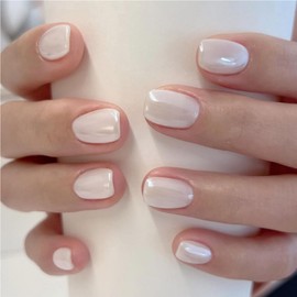 ewku 24Pcs French False Nail Short Square, Press on Nails Short Glossy Pure Color Fake Nail, Full Cover Acrylic Stick on Nails for Women and Girls DIY Nail Art