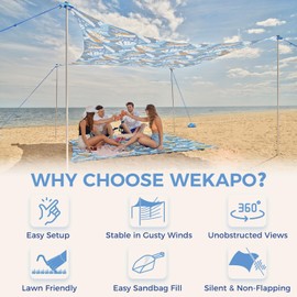 WEKAPO Beach Tent Sun Shelter - Easy Setup Beach Canopy with 4 Sturdy Poles, Large Sandbags and Shovel, 7'8'' Tall, Windproof Beach Sun Shade for Backyard and Camping, UPF 50+ Protection