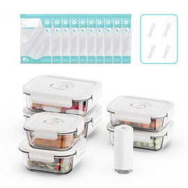 Domsanistor Vacuum Seal Glass Food Storage Containers, 6pcs Containerswith 10pcs Sous Vide Bags/ 1pc Automatic Pump, Meal Prep Container with Airtight Locking Lids for Lunch,Long-Lasting Freshness