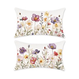 TAJWE Spring Pillow Covers 12x20 Inch Set of 2 Wildflowers Plant Decorative Pillowcases Farmhouse Summer Seasonal Floral Lumbar Cushion Cases for Sofa Couch Home Decor