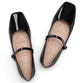 ATHMILE Mary Jane Shoes Women Ballet Flats Shoes for Women Slip on Comfortable Dressy Adjustable Strap for Work Office Business Casual Gloss Black