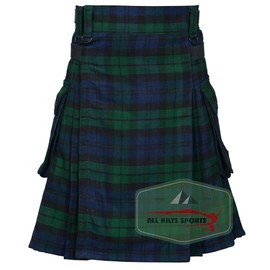 All Kilts Sports Mens Acrylic Wool Utility Kilt with Leather Strap, Black (Black Watch)