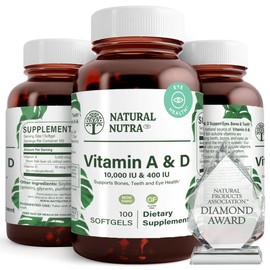 Natural Nutra Vitamin A and D, Supports Bone Health & Enhance Eye Health, Promotes Strong Teeth, Improves Vitality, Sourced from Cod Liver Oil, Supports Overall Health, 10000IU/400IU, 100 Softgels