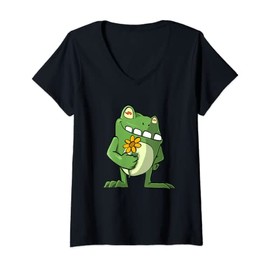 Womens Cute Frog with Sunflower V-Neck T-Shirt