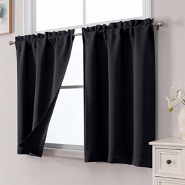 WelvetBLK Black Cafe Curtains 24 Inch Length Tier 2 Panels Set, Soft Solid Thermal Insulated Blackout Kitchen Half Curtains for Windows for Bathroom Basement, Black, 2PCS Each 30" Wx24 L
