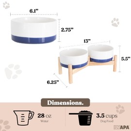 Ilyapa Ceramic Dog Bowls - Elevated Dog Bowl Stand for Medium Sized Pet with Raised Food and Water Set - Blue Double 6 inch, 28 Oz Bowls & 13x6.3x5.5 Wooden Stand