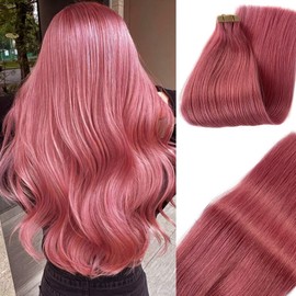 Pink Tape in Hair Extensions Human Hair,Pink Seamless Skin Weft Tape in Straight 100% Real Human Hair Extensions Tape on 20PCS/30G Invisible Tape Glue in Hair Extensions 16"