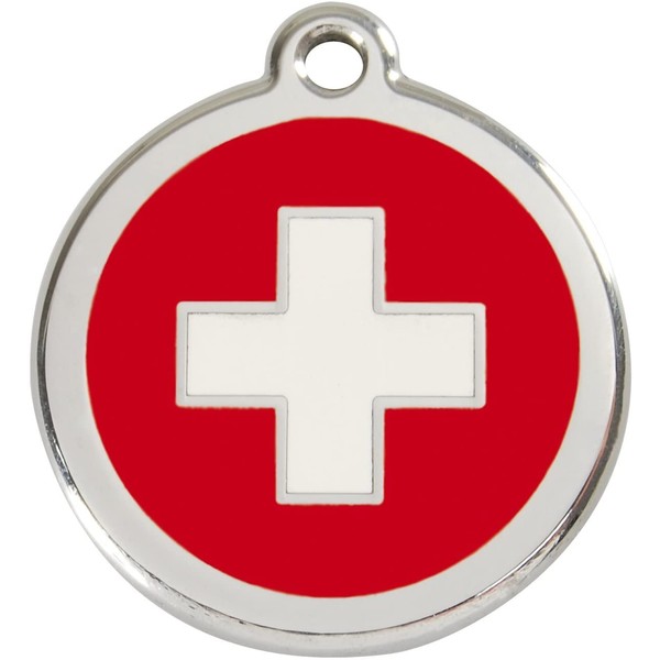 Red Dingo Custom Engraved Stainless Steel and Enamel Dog ID Tag - Swiss Cross (Medium)