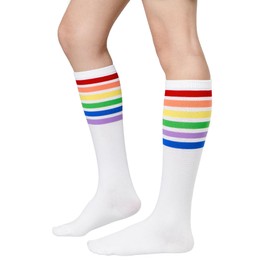 Zando Rainbow Striped Knee High Socks for Women Pride Colorful Knee High stockings Over the Calf Socks Athletic Rainbow Striped White One Size