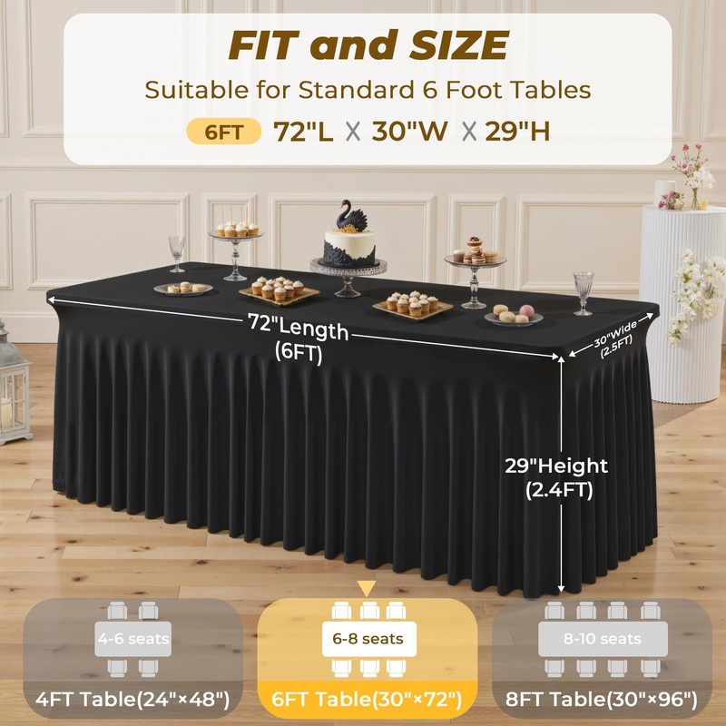 2 Pack Black Spandex Fitted Tablecloth 6 Foot - Stretch