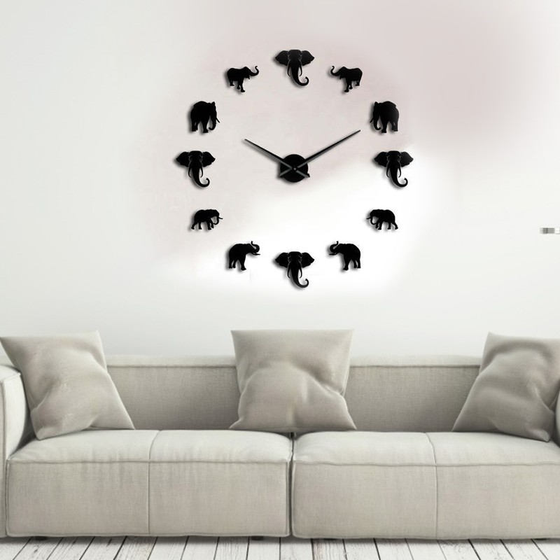 Unique Elephant Animal Shape Wall Clock DIY Acrylic Mirror Hanging