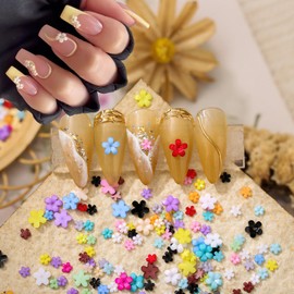 ROFIBUT 3D Flower Nail Charms Shiny Faux Pearl Round Beads DIY Resin Colorful Flowers Nail Decoration Spring Cherry Blossom Nail Gems Mix Sized Floral Nail Art Rhinestones for Women Girls 1000Pcs