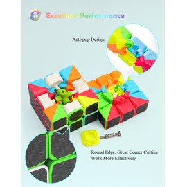 ROXENDA Speed Cube Set, Magic Cube Set of 2x2x2 3x3x3 Pyramid Cube Smooth Puzzle Cube (Carbon Fiber)