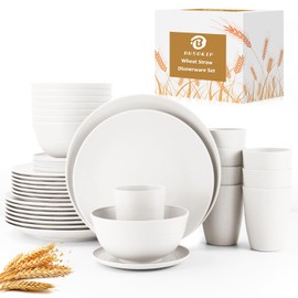 BUSOKIP 40 Pieces Plates and Bowls Sets, Wheat Straw Dinnerware Sets for 8, Dinner Plates, Cereal Bowls and Drinking Cups, Unbreakable and Reusable Plastic Dinnerware Sets (White)