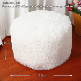 Unstuffed Fur Pouf Ottoman Foot Rest Cover Faux Fur Ottoman Cover 20x12 Inches Round Poof Seat Floor Bean Bag Chair Foot Rest Storage Solutions for Living Room Bedroom Cover ONLY (White)