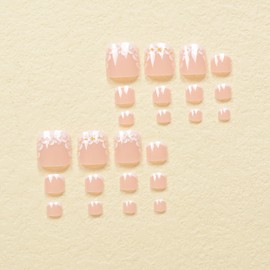 Press On Short Square Toenails - White French Tip With 3D Flower Designs - Stick On Summer Nails - Full Cover Reusable Acrylic Nails for Women - 24Pcs