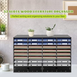 32 Compartment Desktop Literature Organizer, Adjustable Desk File Cabinet, Stackable Paper Organizer, Mail Center Magazine Storage Holder with 2 Drawers for Home Office, Classroom, Black
