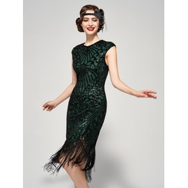 SWEETV Women's 1920s Flapper Dresses Great Gatsby Dress Sequin Fringed Roaring 20s Cocktail Dress Green Large