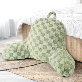 AELS Large Reading Pillow Replacement Cover with Arms and Pockets (Cover ONLY), 18" Soft Faux Fur Checkered Backrest Pillow Cover Fits Standard Size Reading Pillows, Sage Green