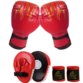 Children's Boxing Gloves and Boxing Pads Set for 3-10 Years, Kids Boxing Gloves, Children's Set, 3-in-1 Boxing Gloves Children, Punching Gloves for Boys and Girls (Red)