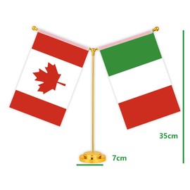 Italy Canada Combo Desk Small Flag Set,5×8 Inch Italian Canadian Mini Desktop table Banner,12 inch Metal Solid Pole Decor,Tiny Digital Printed Polyester Banner With Golden Base