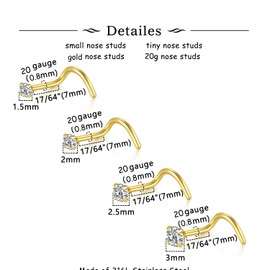 QWALIT Nose Studs Screw Nose Stud 20 Gauge Corkscrew Nose Ring Stud 20g Stainless Steel Nose Piercing Stud Gold Stud Nose Ring Screw for Women