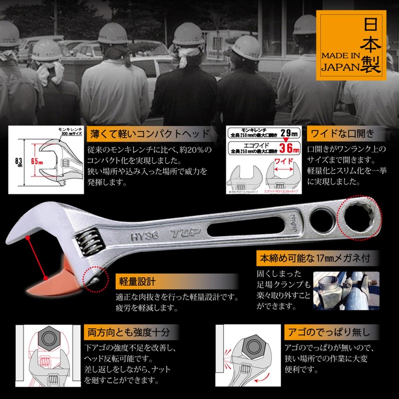 TOP HY-36-17 Eco Wide Adjustable Wrench, With 0.7 inches (17