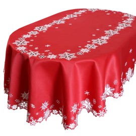 Simhomsen Embroidered Snowflakes Tablecloths for Christmas Holiday and Winter (Oval 57 × 84 inches, Red)