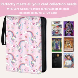 Trading Card Binder, 4 Pockets 400 Card Holder Collector Album with 50 Removable Sleeves, Portable Trading Collection Album for photocard kpop mtg/TCG Game Football Sports Cards, Cute Unicorn